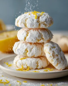 Lemon Crinkle Cookies stacked on a plate with powdered sugar coating, fresh lemon zest, and a dusting of sugar falling from above.
