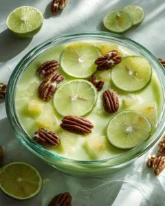 Lime Jello Salad topped with fresh lime slices, pineapple chunks, and pecans in a glass bowl