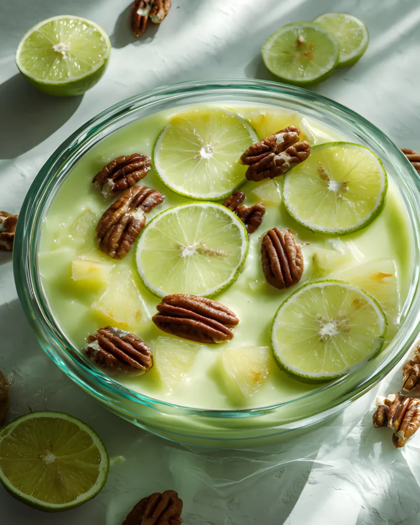 Lime Jello Salad topped with fresh lime slices, pineapple chunks, and pecans in a glass bowl