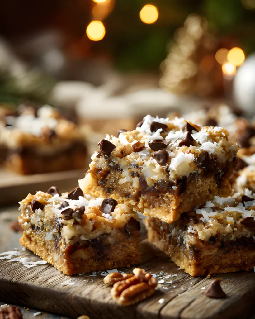 Magic Cookie Bars topped with chocolate chips, coconut, and pecans on a wooden board