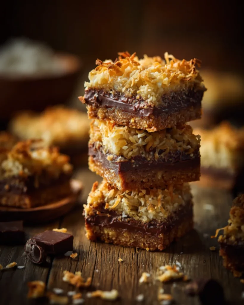 Stacked Magic Cookie Bars Recipe with chocolate layer and toasted coconut topping
