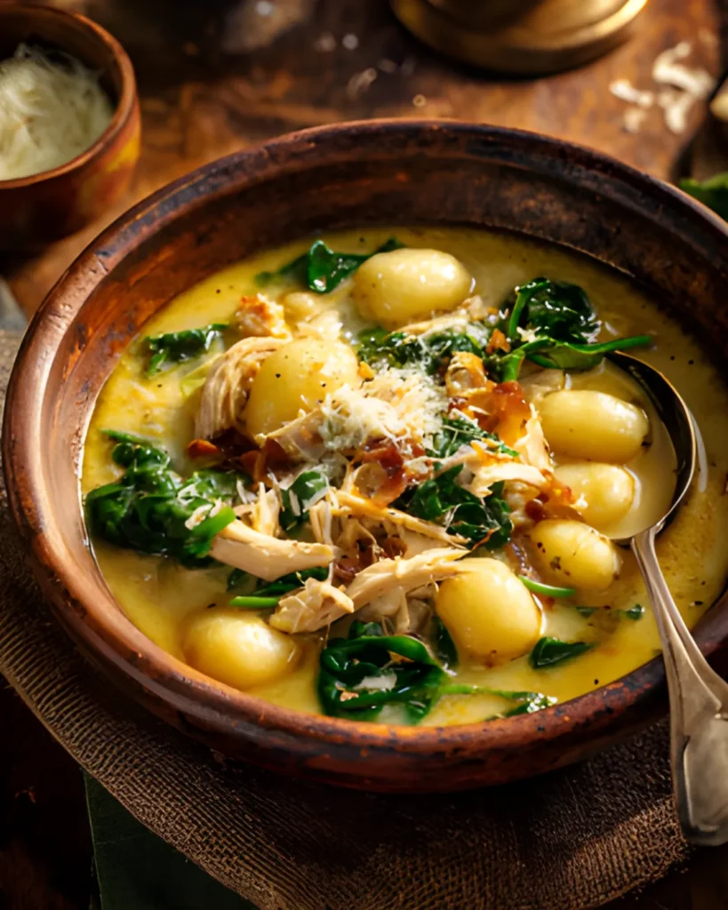 Marry Me Chicken Soup with gnocchi, spinach, shredded chicken, and parmesan cheese
