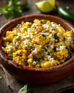Mexican Street Corn Salad served in a rustic bowl with grilled corn, cheese, herbs, and chili seasoning