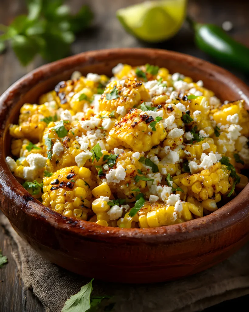 Mexican Street Corn Salad served in a rustic bowl with grilled corn, cheese, herbs, and chili seasoning