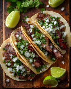 Mexican Street Tacos with grilled beef, chopped onions, fresh cilantro, and lime wedges on corn tortillas