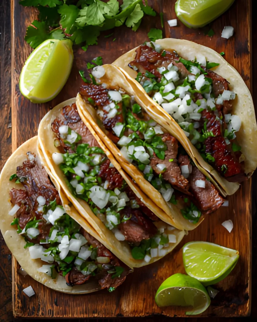 Mexican Street Tacos with grilled beef, chopped onions, fresh cilantro, and lime wedges on corn tortillas