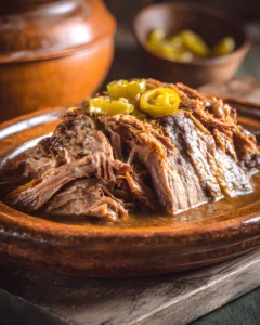 Mississippi Roast Recipe with tender shredded beef topped with pepperoncini peppers in rich gravy