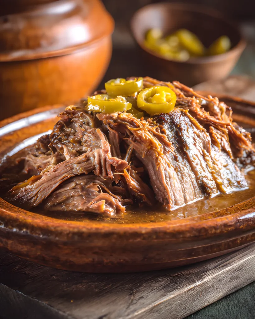 Mississippi Roast Recipe with tender shredded beef topped with pepperoncini peppers in rich gravy