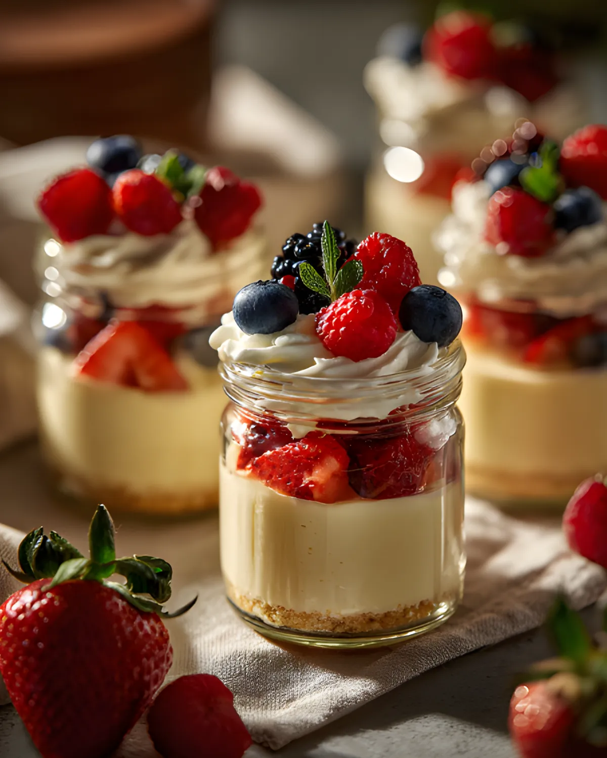 No-Bake Cheesecake Cups Recipe served in jars with whipped cream and fresh strawberries blueberries and raspberries