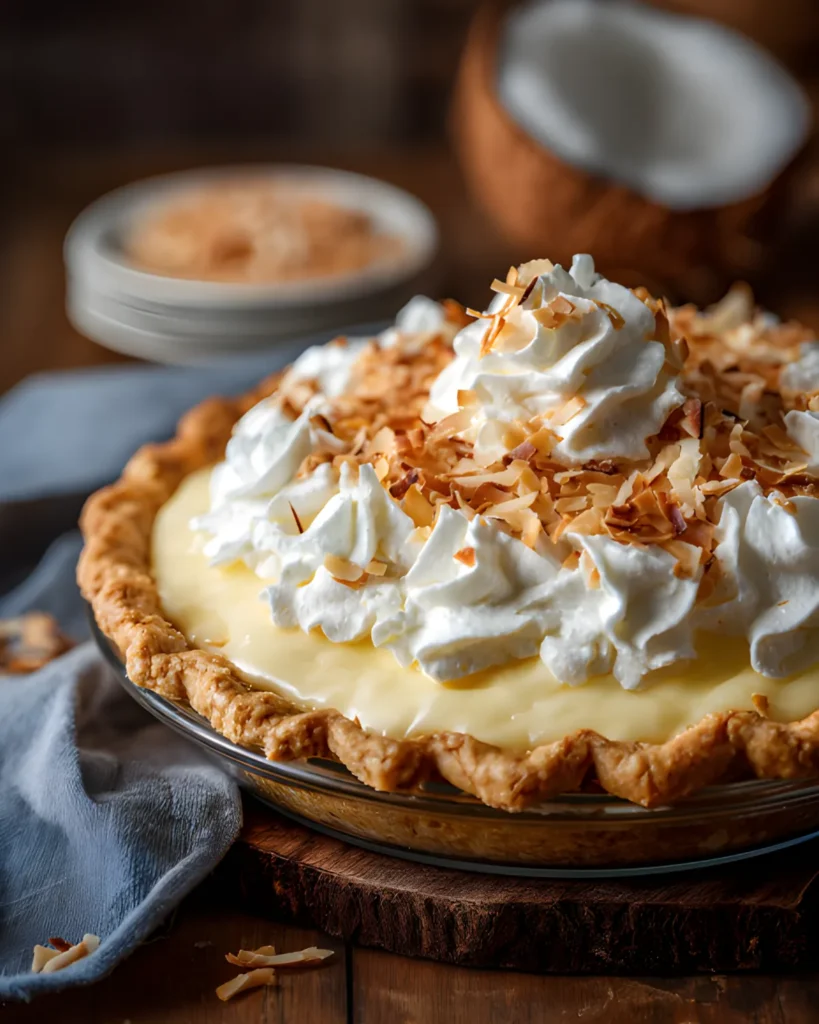 No Bake Easy Coconut Cream Pie Recipe topped with whipped cream and toasted coconut flakes in a flaky crust