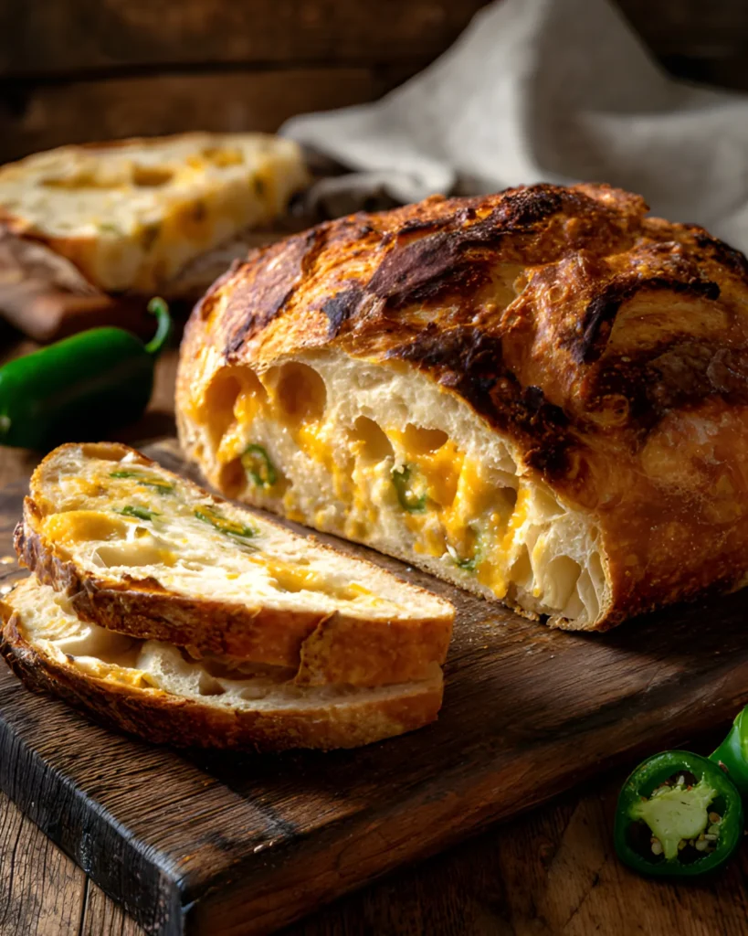 Freshly baked No-Knead Jalapeno Cheddar Sourdough loaf sliced on a wooden board with melted cheddar and jalapeno pieces inside