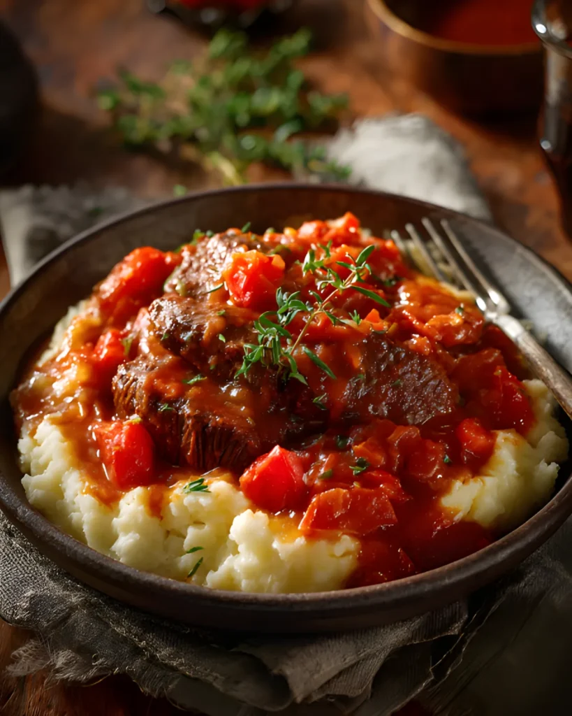 Old Fashioned Swiss Steak served over mashed potatoes with rich tomato gravy and herbs