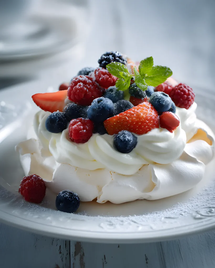 Pavlova recipe topped with fresh strawberries, blueberries, raspberries, and whipped cream on a white plate