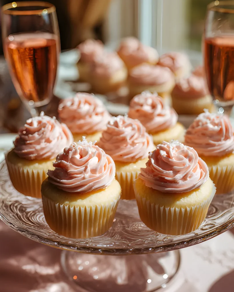 Pink Champagne Cupcakes topped with light pink buttercream frosting served on a glass stand with champagne glasses in the background