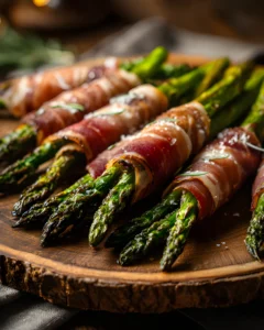 Prosciutto Wrapped Asparagus Recipe featuring crispy prosciutto wrapped around roasted asparagus spears on a wooden board