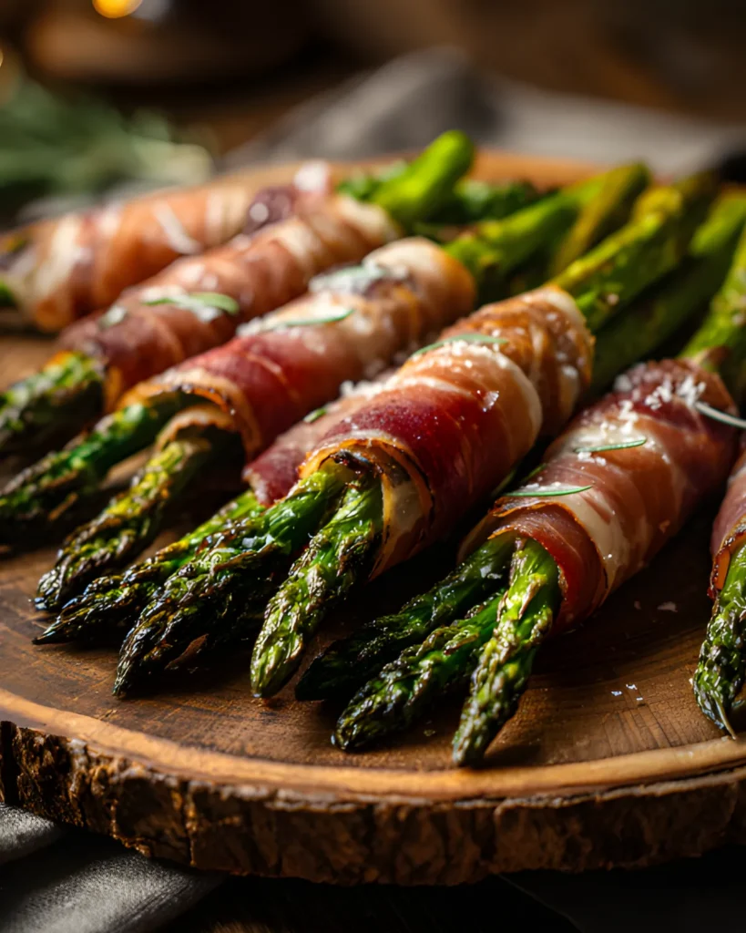 Prosciutto Wrapped Asparagus Recipe featuring crispy prosciutto wrapped around roasted asparagus spears on a wooden board