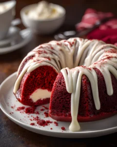 Red Velvet Cream Cheese Bundt Cake sliced with cream cheese filling and white glaze drizzle