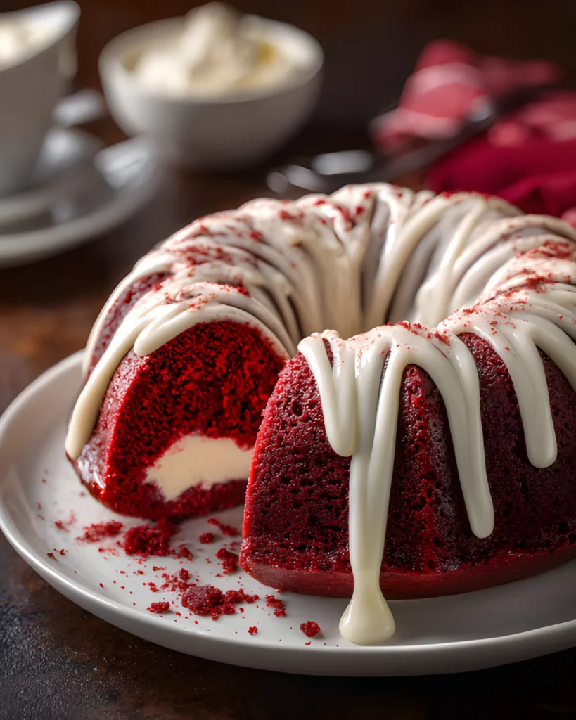 Red Velvet Cream Cheese Bundt Cake sliced with cream cheese filling and white glaze drizzle