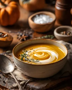 Roasted Butternut Squash Soup in a rustic bowl with creamy swirl and herbs on a wooden table