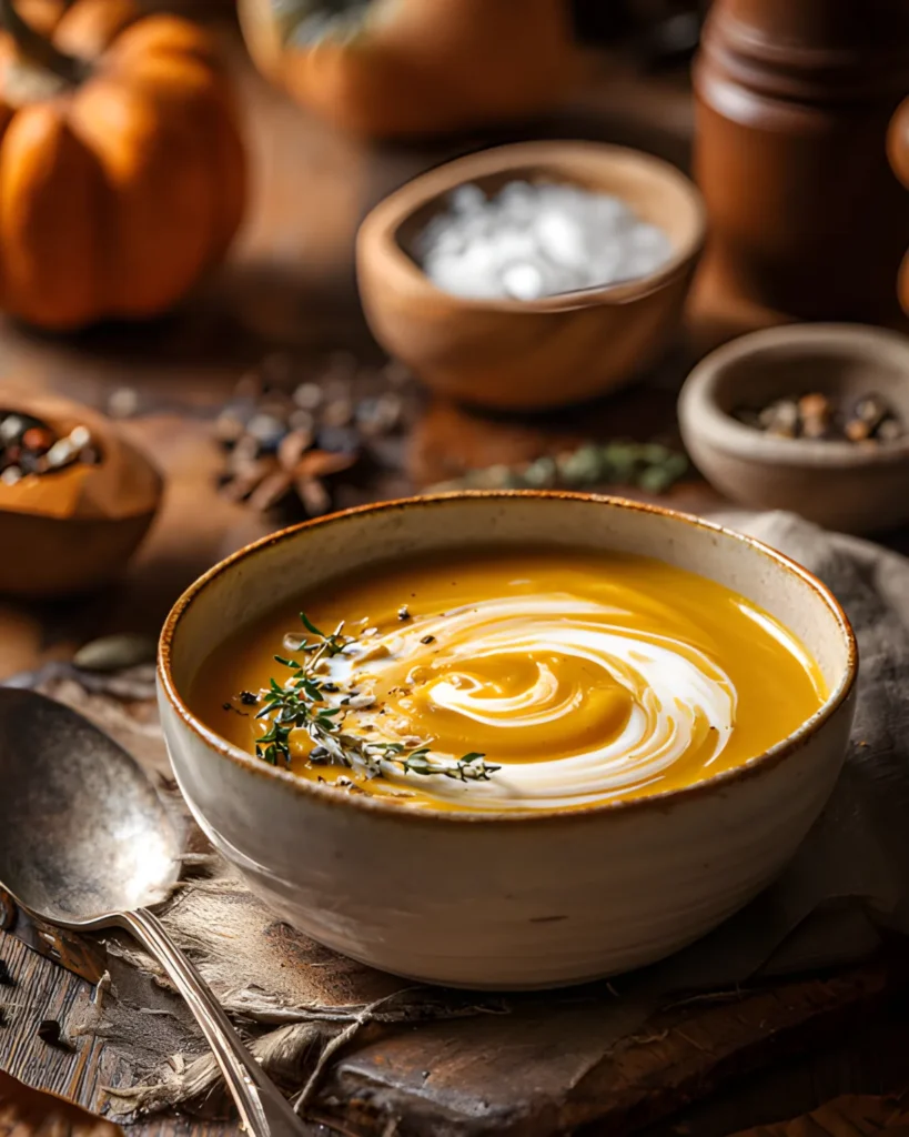 Roasted Butternut Squash Soup in a rustic bowl with creamy swirl and herbs on a wooden table