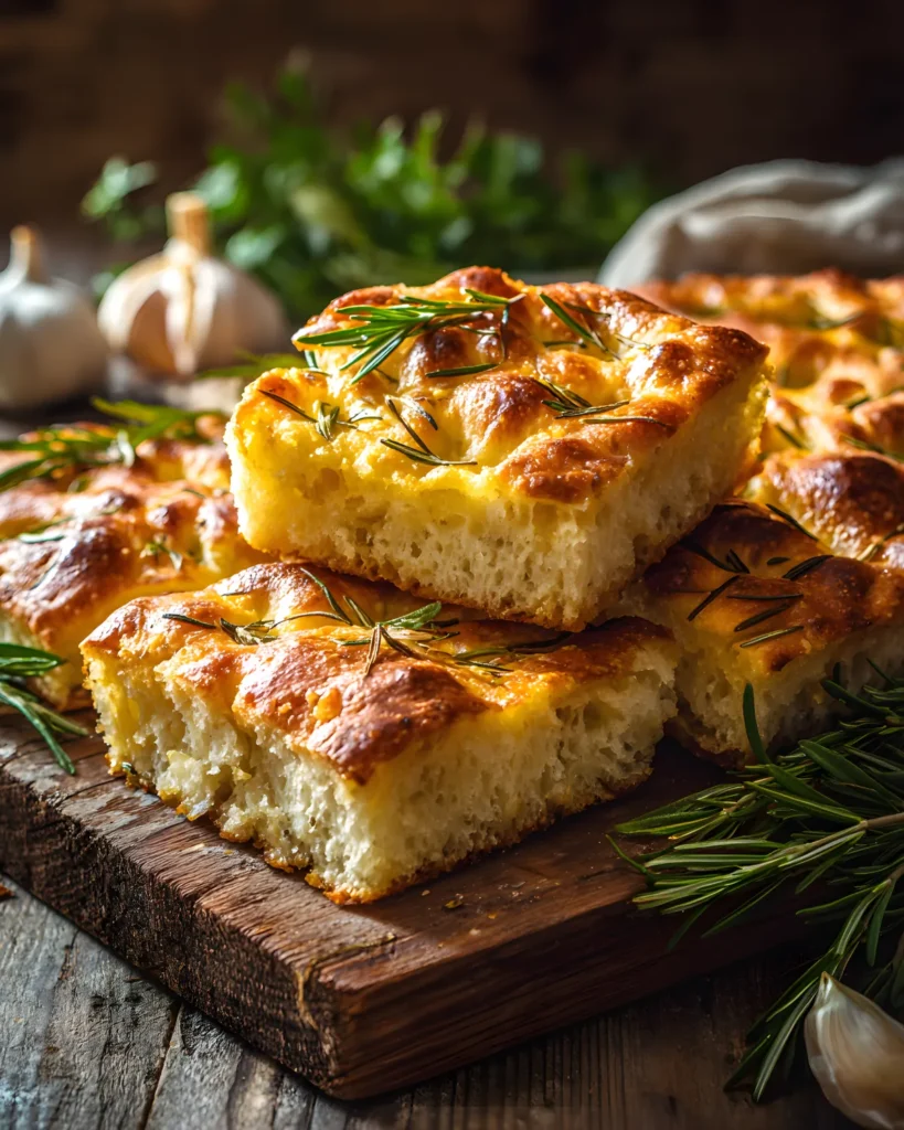 Roasted Garlic Rosemary Focaccia fresh baked artisan bread with crispy golden crust and soft airy texture topped with rosemary and garlic