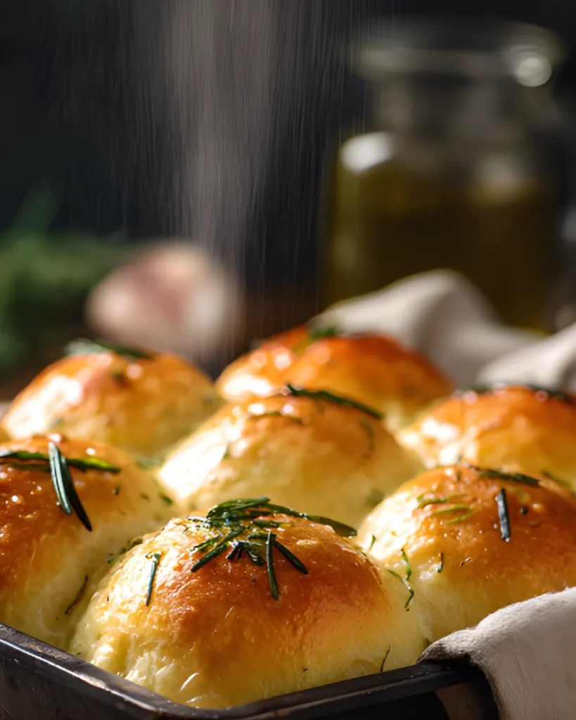 Rosemary Garlic Dinner Rolls baked until golden brown in a tray with fresh rosemary and garlic