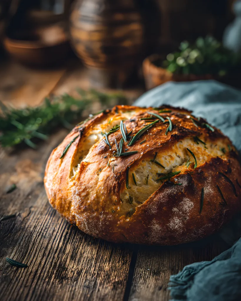 Rustic No-Knead Rosemary Garlic Bread with golden crust and fresh rosemary baked artisan style