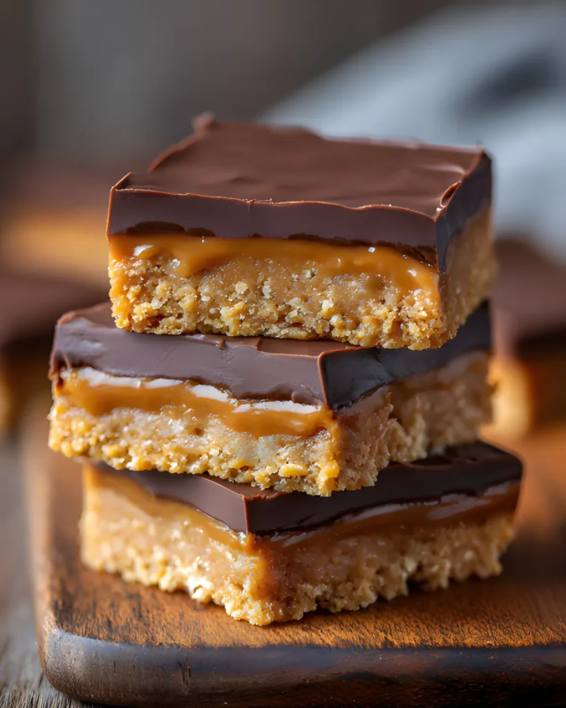 Stacked scotcheroos bars with chocolate topping and peanut butter caramel layers on a wooden board