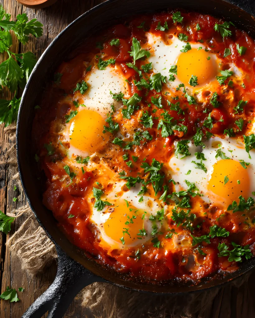 Shakshuka Recipe Ultimate with eggs poached in rich tomato sauce and topped with fresh herbs