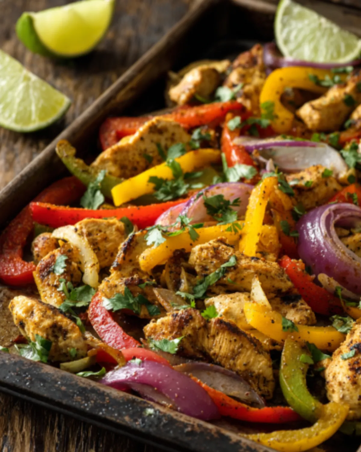 Sheet Pan Chicken Fajitas with grilled chicken strips, bell peppers, and red onions on a baking tray