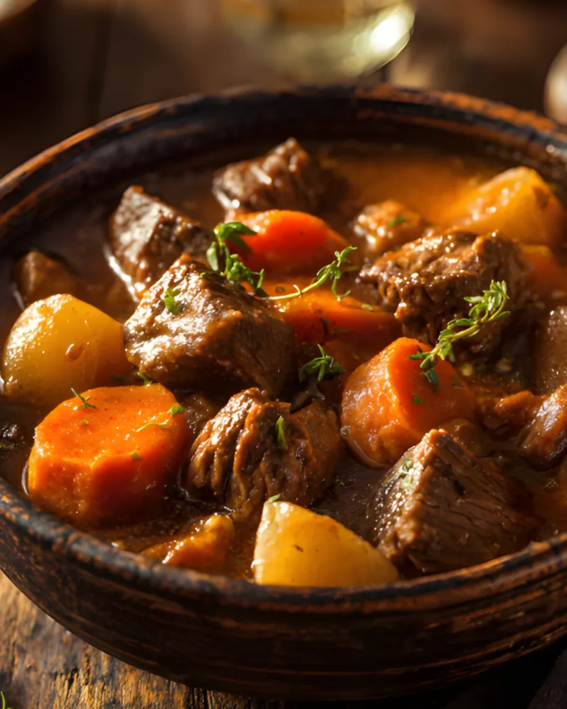 Slow Cooker Beef Stew with tender beef chunks, carrots, and potatoes in a rich savory broth