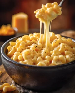 Slow Cooker Four Cheese Mac and Cheese with creamy melted cheese stretching from a spoon over macaroni