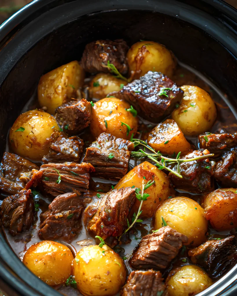 Slow Cooker Garlic Butter Beef with tender beef chunks and baby potatoes in a rich savory sauce