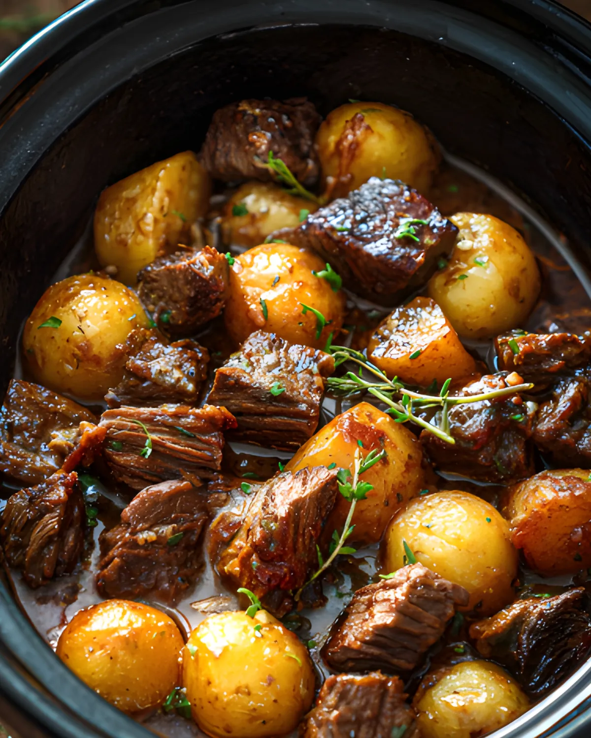 Slow Cooker Garlic Butter Beef with tender beef chunks and baby potatoes in a rich savory sauce