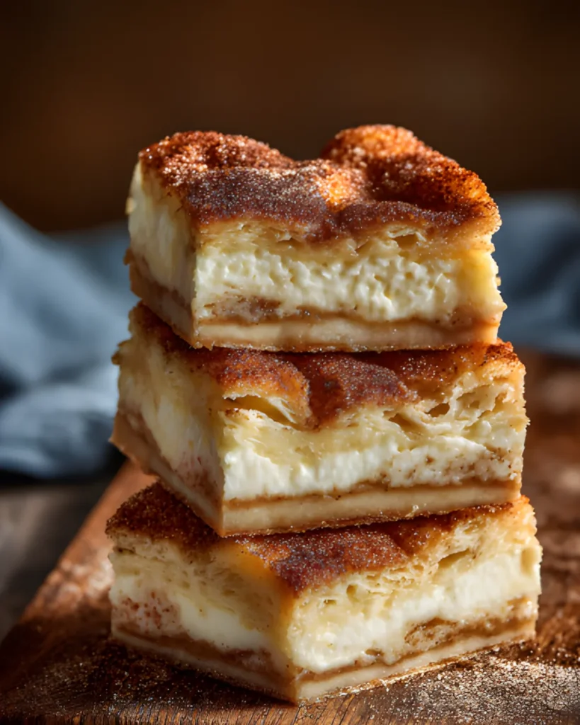 Sopapilla Cheesecake Bars Recipe with creamy cheesecake layers and cinnamon sugar topping stacked on a wooden board