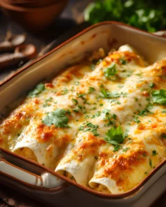 Sour Cream Chicken Enchiladas baked with melted cheese and garnished with fresh herbs in a casserole dish