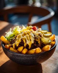 Sourdough discard jalapeño popper bread inspired burger bowl with fries ground beef pickles and cheese sauce