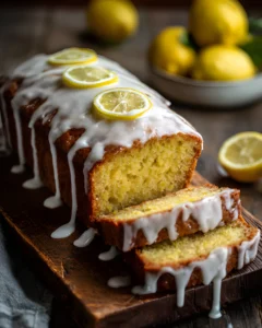 Starbucks Copycat Lemon Loaf with white glaze and lemon slices on top, sliced on a wooden board