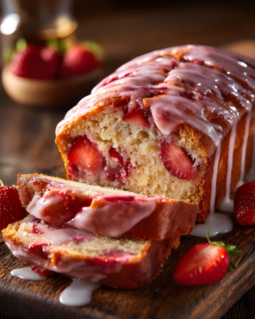 Strawberry Bread Loaf sliced and glazed with icing, filled with fresh strawberries