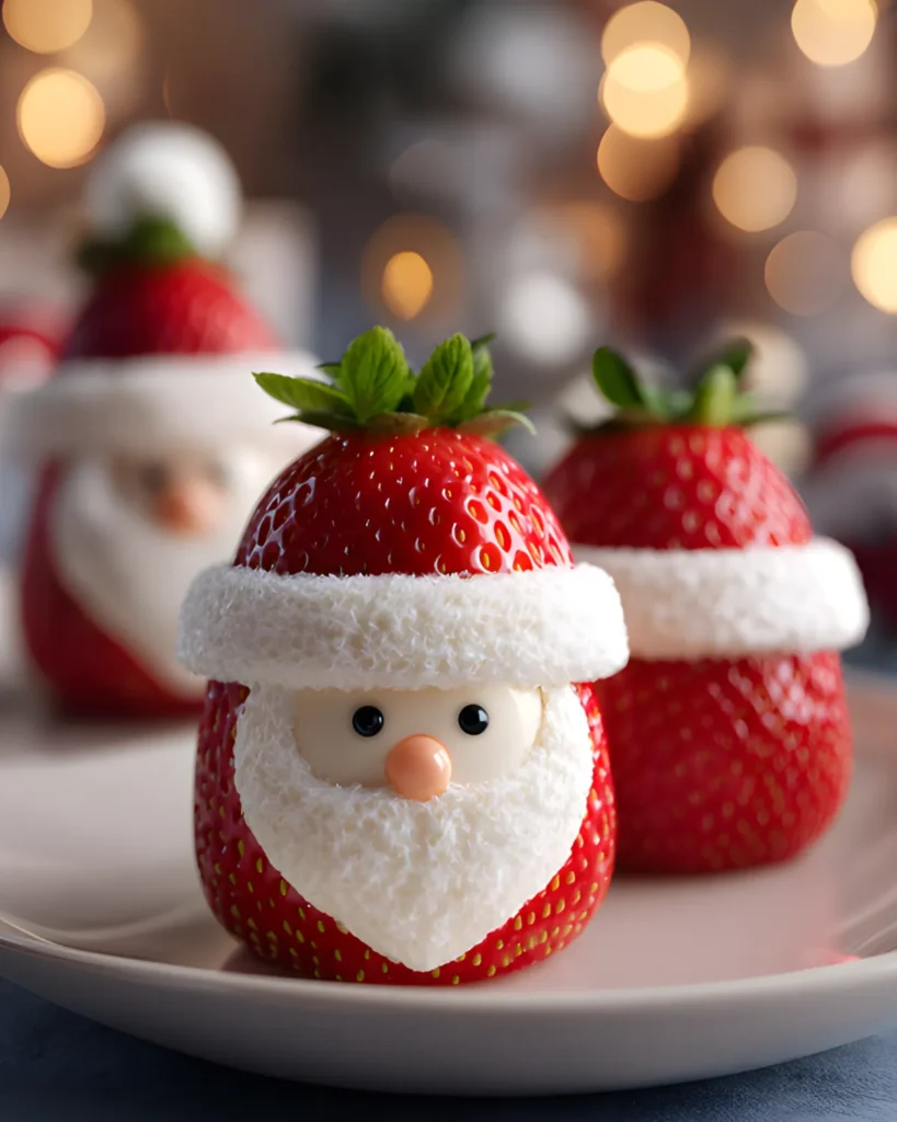 Strawberry Santasa Recipe featuring fresh strawberries decorated as Santa Claus with cream and candy details