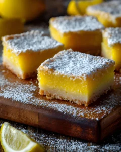 Super Easy Lemon Bars dusted with powdered sugar on a wooden board with fresh lemon slices