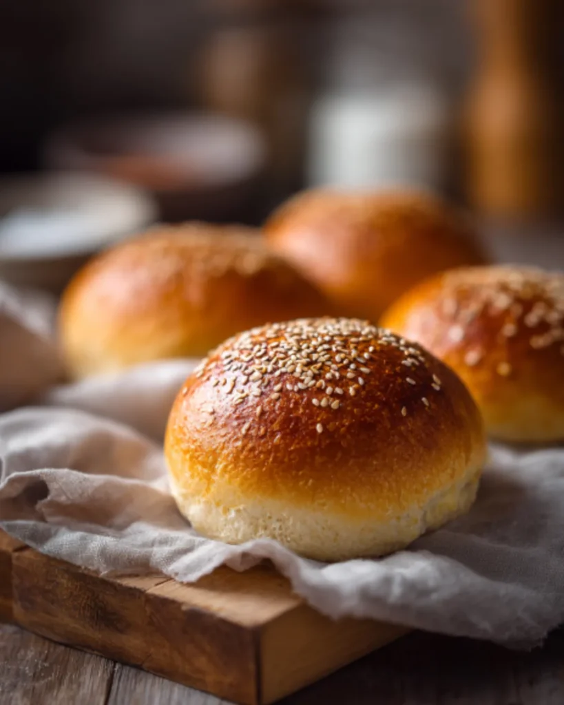 Freshly baked super soft burger buns with golden crust and sesame seeds on top