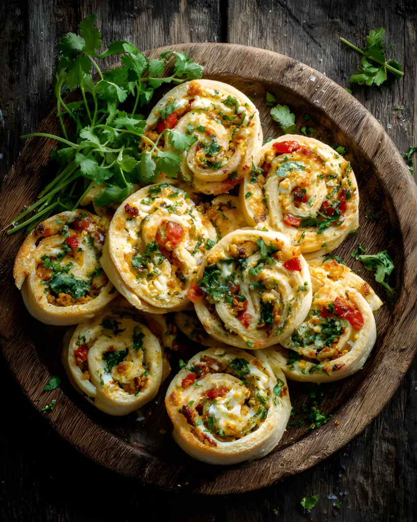 Taco Pinwheels Recipe served on a rustic wooden platter with cheesy filling, herbs, and diced tomatoes