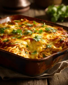Texas King Ranch Chicken Casserole baked with melted cheese, shredded chicken, and fresh cilantro