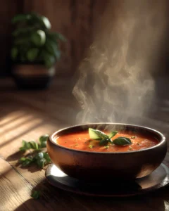 Tomato Basil Soup in a rustic bowl with fresh basil garnish and steam rising in warm natural light