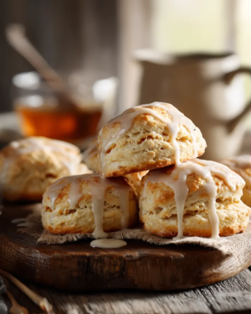 Freshly baked Vanilla Bean Scones topped with sweet vanilla glaze on a rustic wooden board