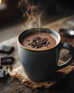 Velvety Smooth Vegan Hot Chocolate in a mug topped with chocolate shavings and steam rising on a rustic wooden surface