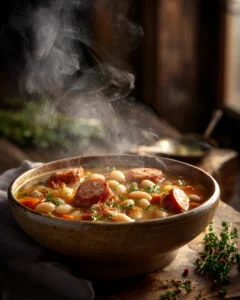 White bean and sausage stew served hot in a rustic bowl with herbs vegetables and visible steam