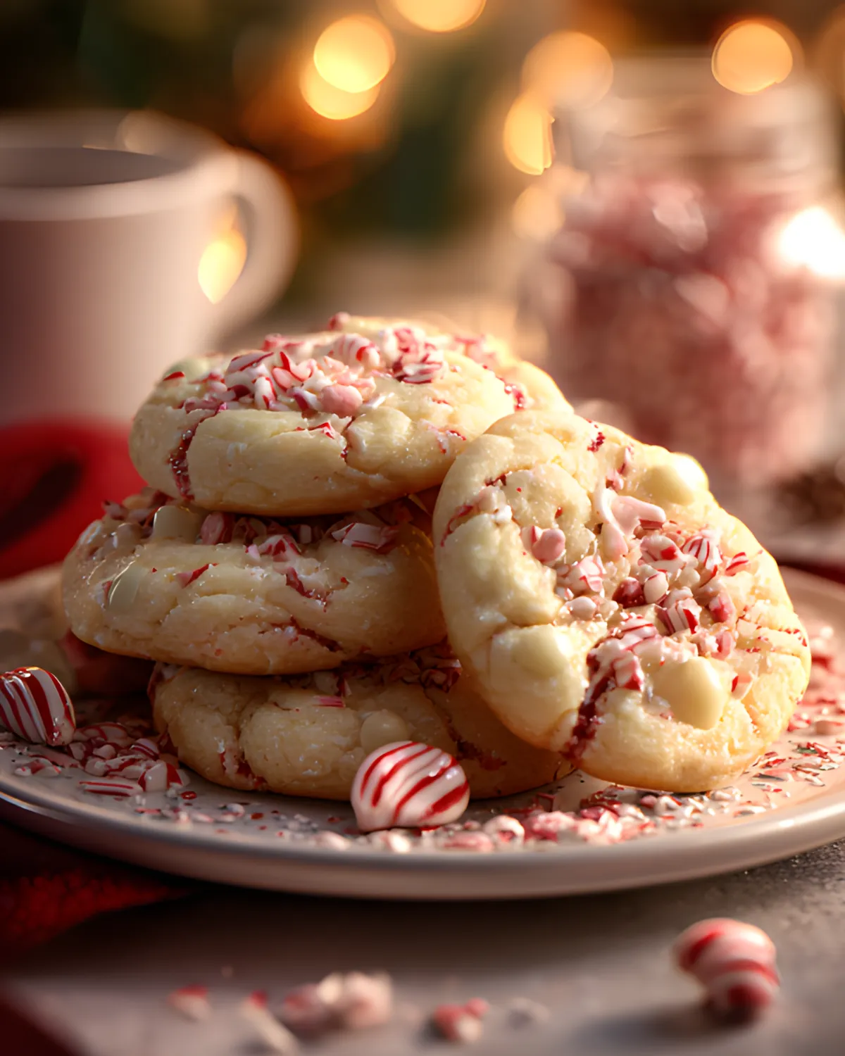 White Chocolate Peppermint Cookies stacked on a plate topped with crushed candy canes and white chocolate chips
