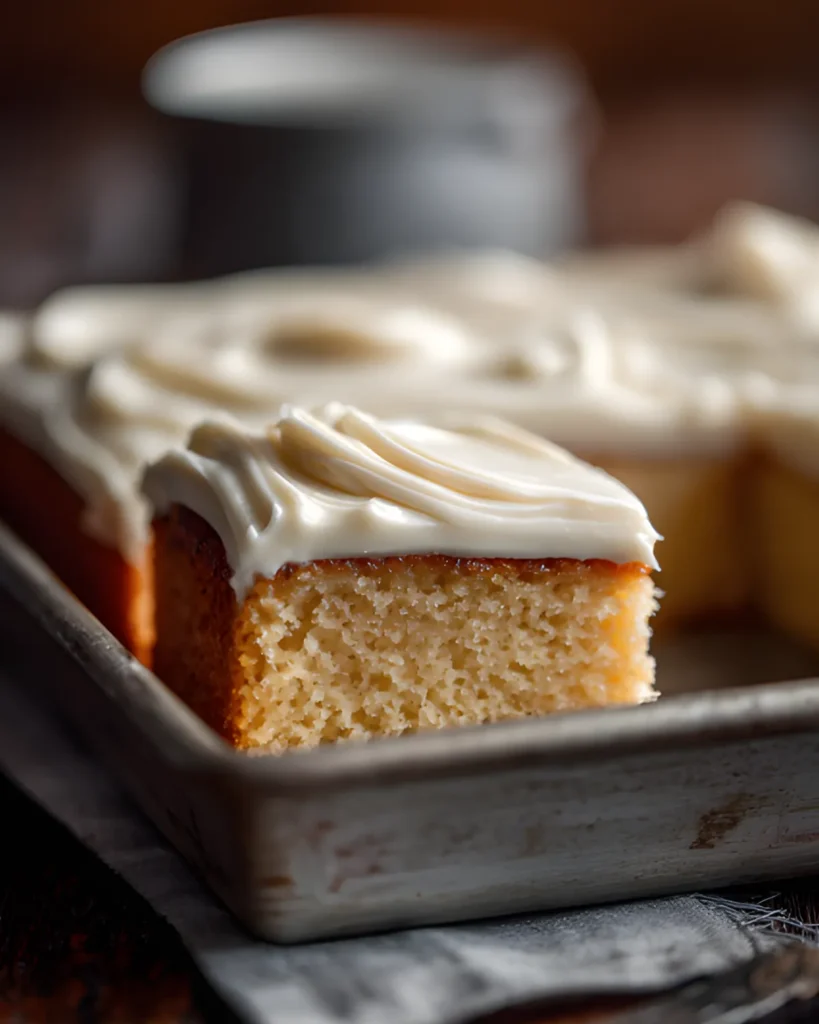 White Texas Sheet Cake Recipe with creamy vanilla frosting in a rustic baking pan